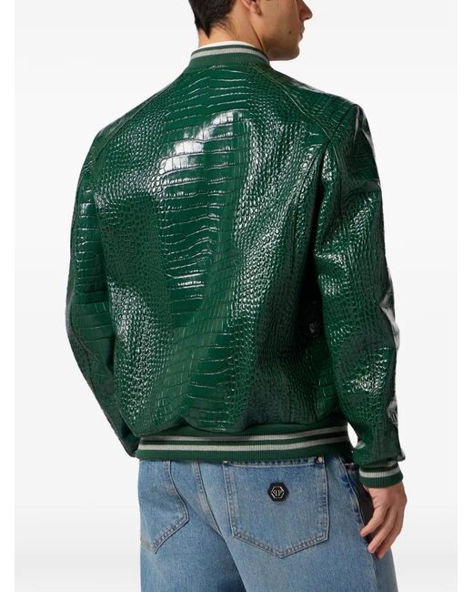 Philipp Plein Green Leather Bomber Jacket for men