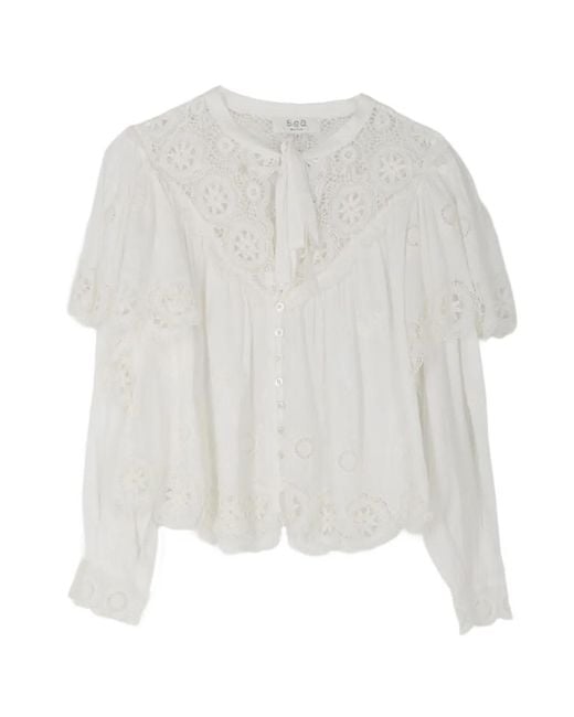 Sea White Sofia Embroidered Lace Top