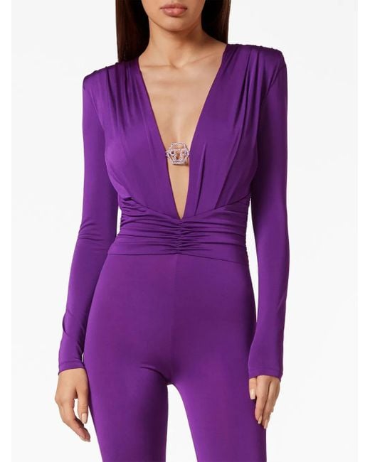 Philipp Plein Purple Shoulder Padded Bodycon-Design Jumpsuit