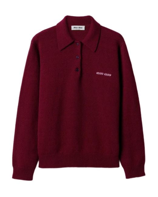 Miu Miu Red Intarsien-Pullover mit Polokragen