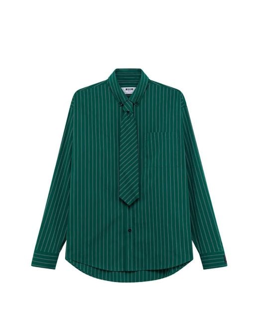 MSGM Green Pinstriped Tie-Detail Shirt for men