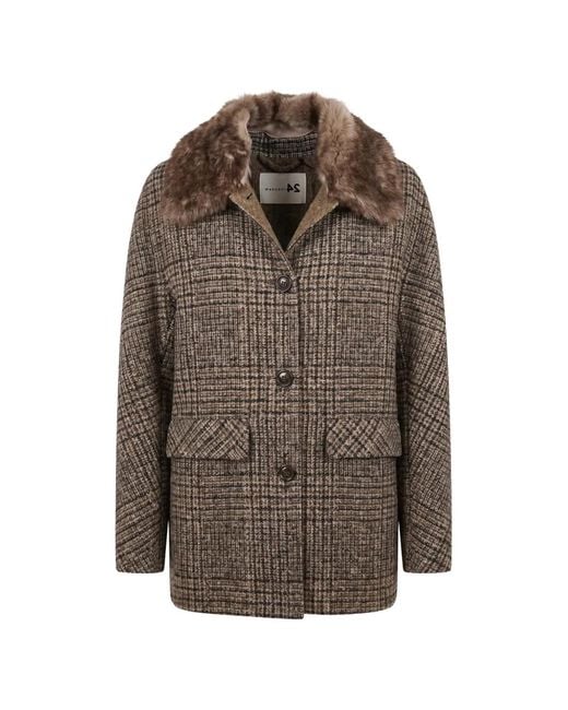 Manzoni 24 Brown Checked Fur-Collar Coat