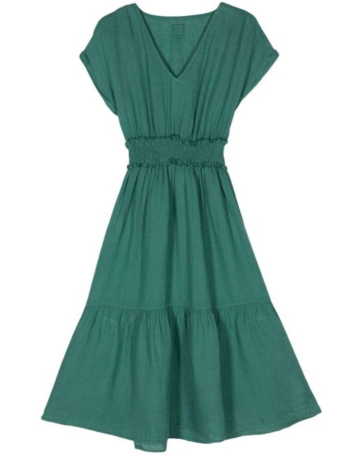 120% Lino Flared Linen Midi Dress Green