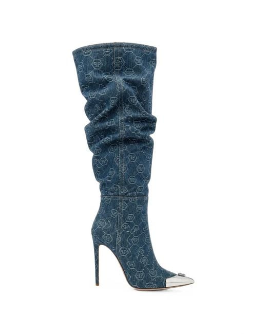 Philipp Plein Blue Denim Boots Hi-Heels Overknees Jacquard