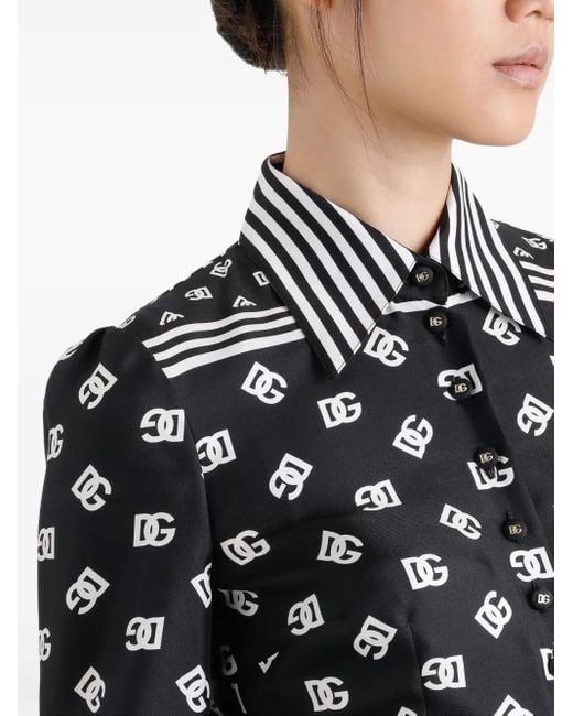 Dolce & Gabbana Black Dg Logo-Print Silk Shirt Dress
