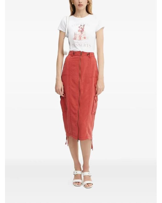 Guess Red Casey Zip-Front Cargo Midi Skirt