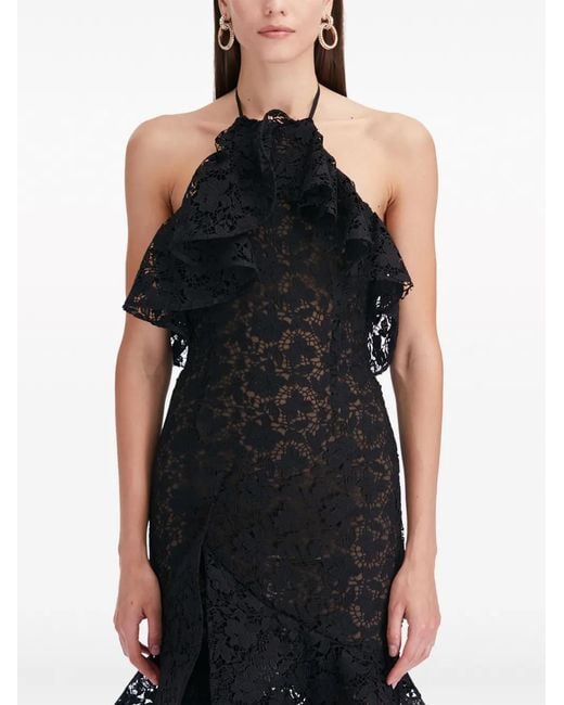Oscar de la Renta Black Ruffled Guipure Lace Halterneck Gown