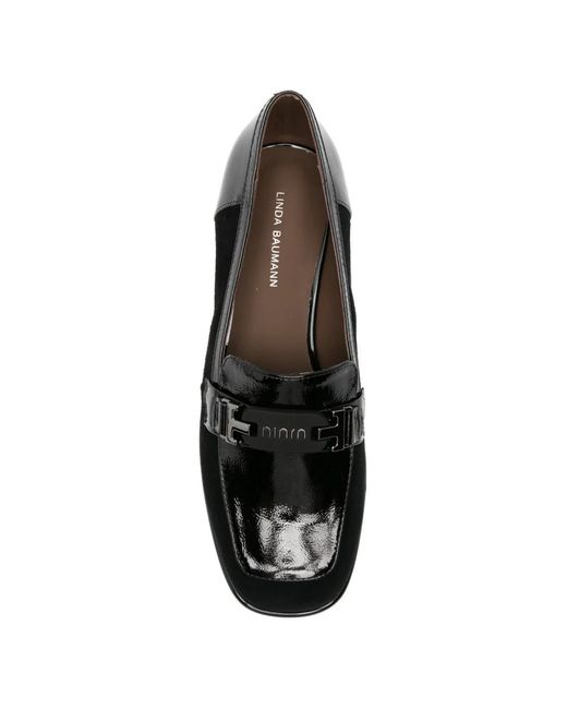 Linda Baumann Black Patent-Panelled Logo-Plaque Loafers