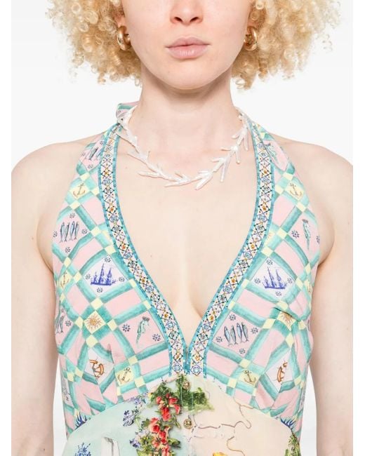 Camilla Blue Graphic Print Silk Jumpsuit With Halterneck Tie And V-Neckline