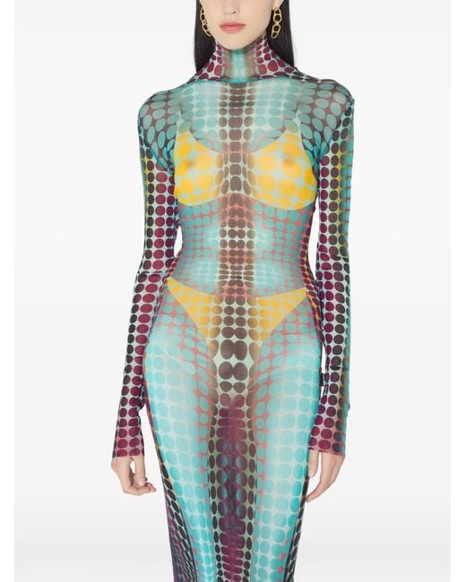 Jean Paul Gaultier Blue High Neck Multicolored Polka Dot Maxi Dress
