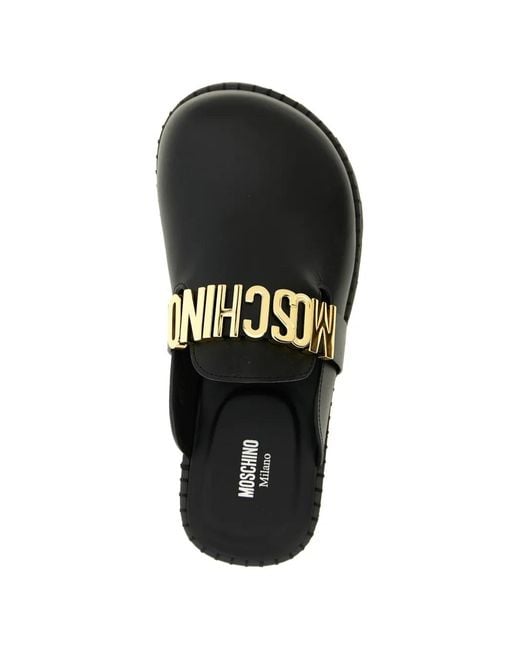 Moschino Black Metal-Lettering Leather Mules