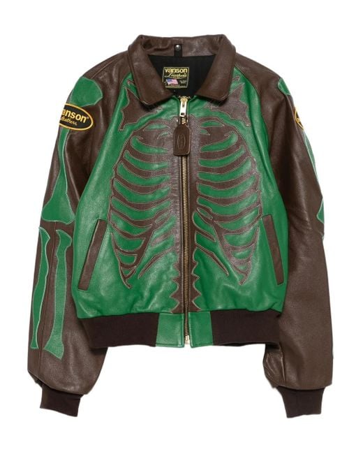 AWAKE NY Green Vanson Stadium Leather Jacket for men