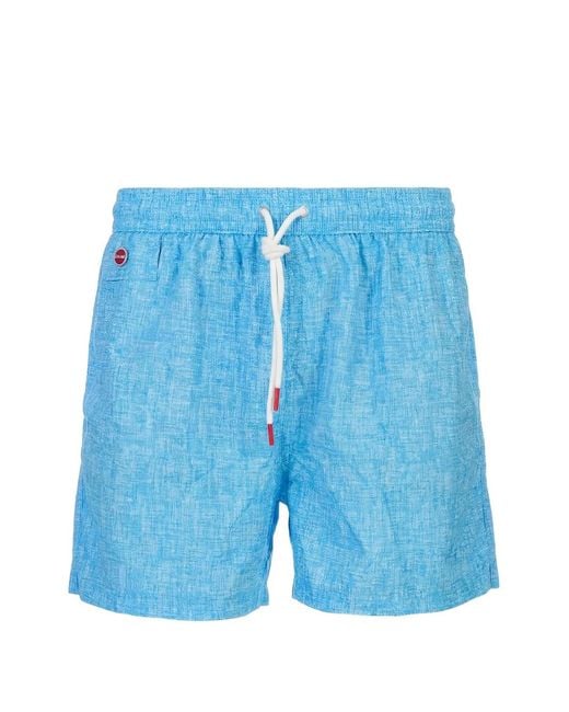 Kiton Blue Crosshatch-Pattern Drawstring Swim Shorts for men