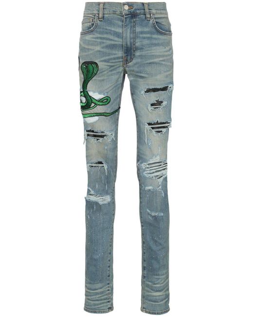 Amiri Blue Snake Patch Embroidered Skinny Jeans for men