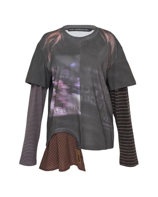 ANDERSSON BELL Gray Layered-Sleeve Graphic-Print T-Shirt