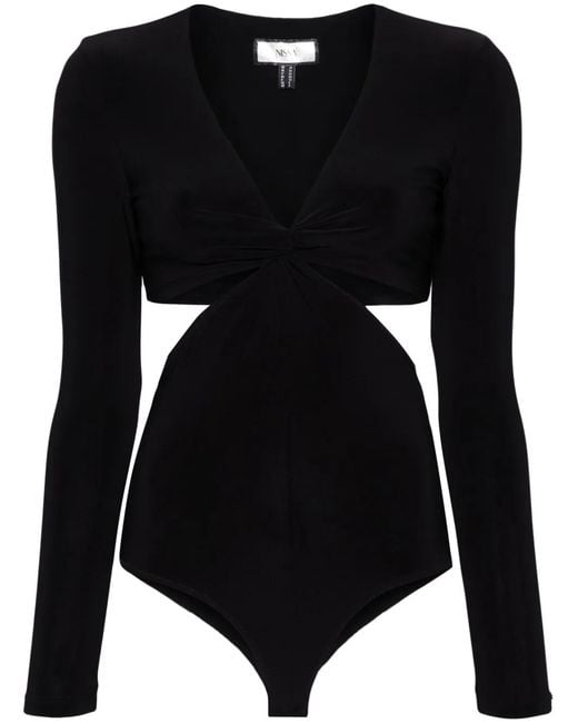 Nissa Black Cut-Out Long-Sleeve Bodysuit