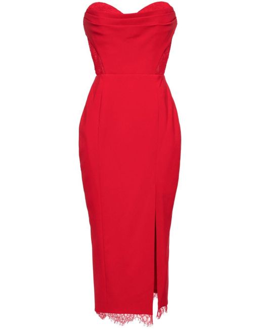 Marchesa Red Schulterfreies Kleid mit Spitzendetail