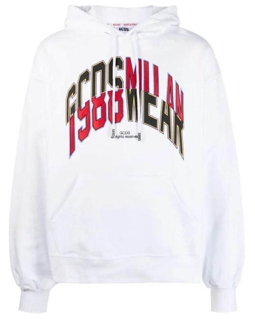 Gcds White Logo-Print Cotton Hoodie for men