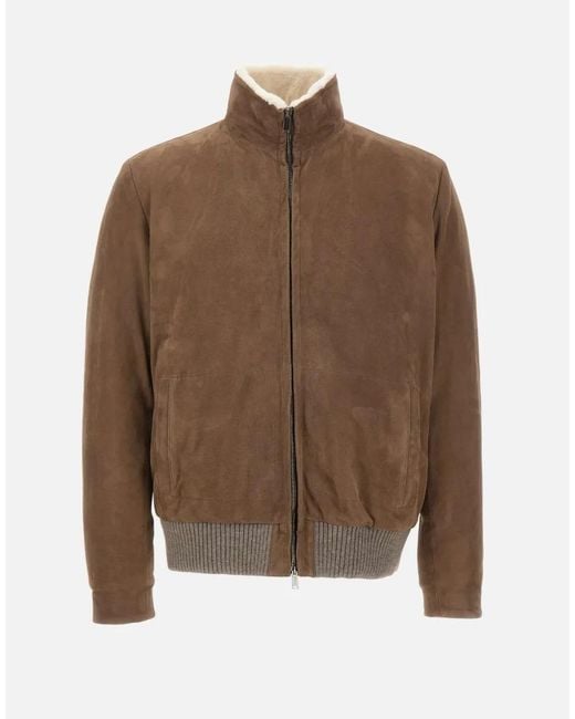 Volfagli Brown Sant'Angelo Shearling-Collar Suede Jacket for men
