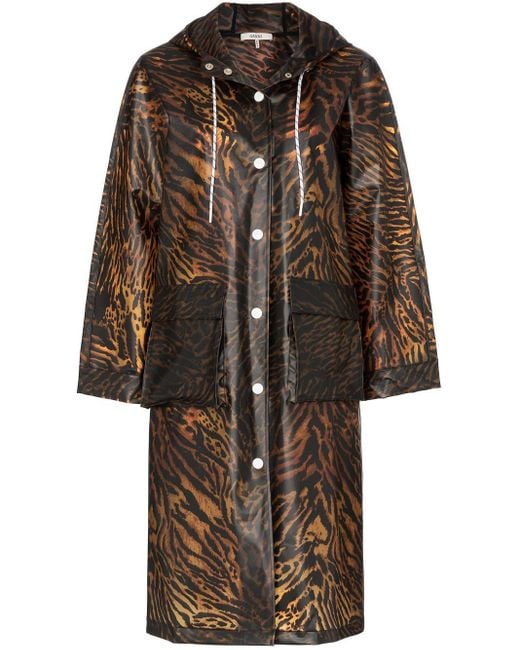 Ganni Brown Tiger-print Hooded Raincoat