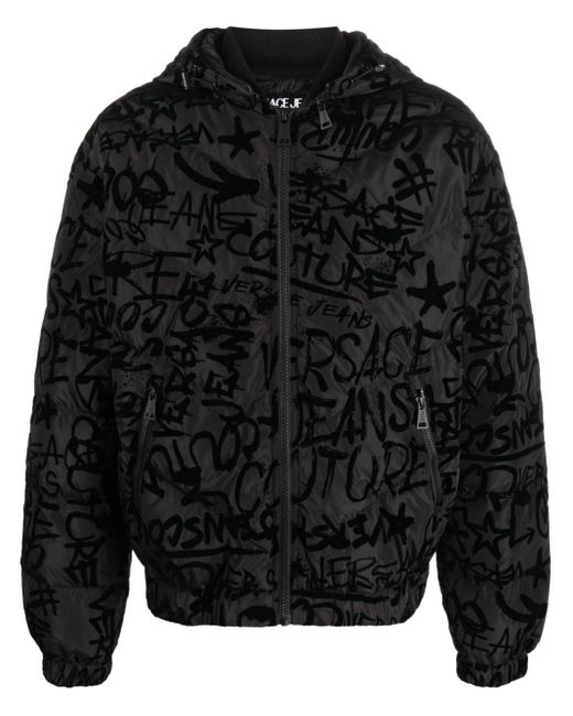 Versace Black Graffiti-print Flocked Hooded Jacket for men