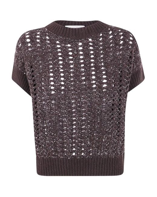 D.exterior Brown Sequin-Embellished Open-Knit Sweater