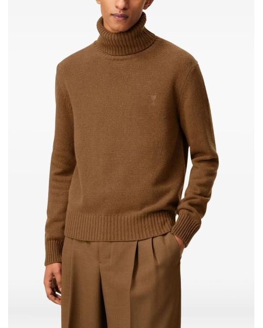 AMI Brown Roll-Neck Sweater With Ribbed Texture for men