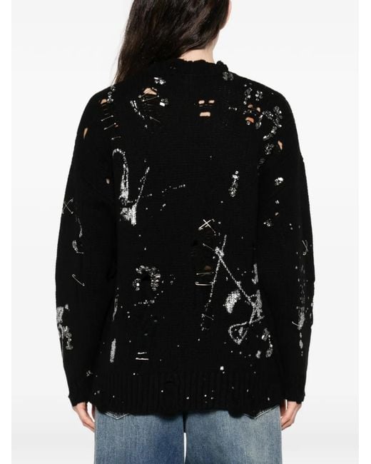R13 Black Distressed Crystals Pin Sweater