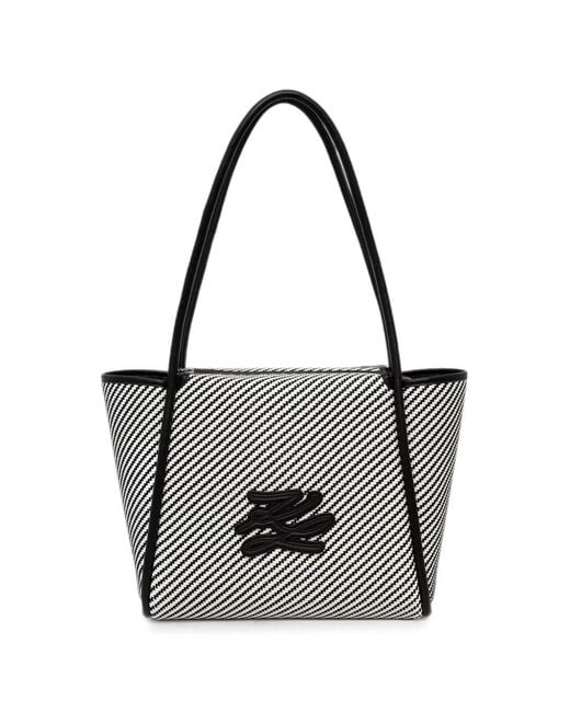Karl Lagerfeld Black Diagonal-Stripe Monogram-Patch Tote Bag