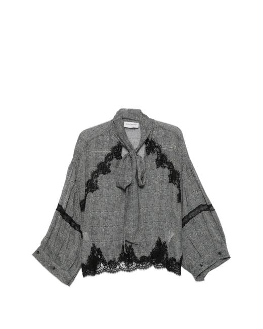 ERMANNO FIRENZE Gray Lace-Trim Check-Print Blouse