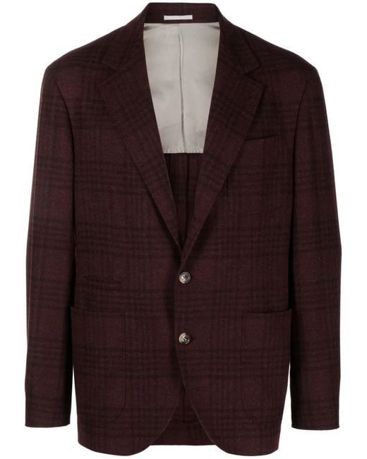 Brunello Cucinelli Purple Single-Breasted Tartan Frieze Blazer for men