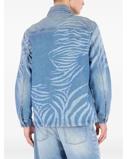 Roberto Cavalli Blue Animal-Print Denim Shirt for men