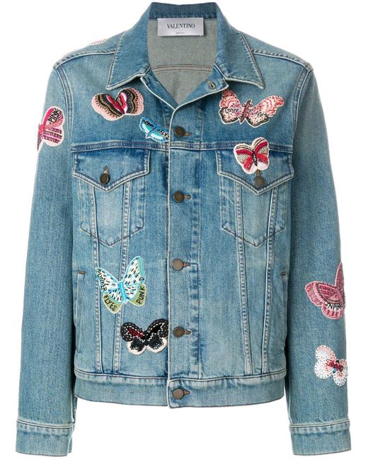 Valentino Blue Jeansjacke mit aufgestickten Schmetterlingen