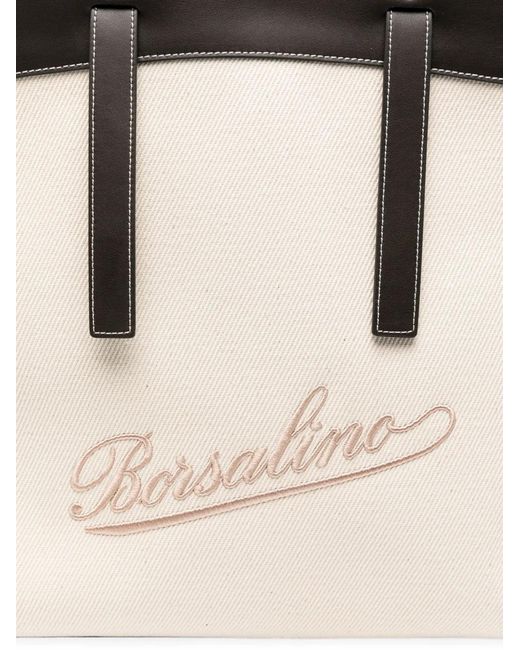 Borsalino Natural Logo-Embroidered Contrast-Trim Tote Bag