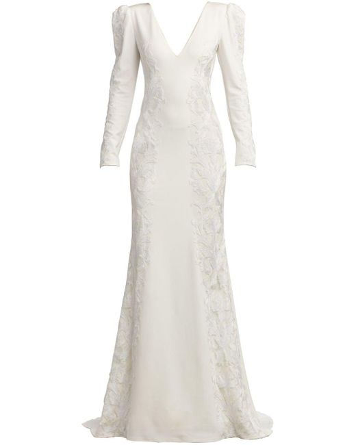 Tadashi Shoji White Irelina Puff-sleeve Embroidered Gown