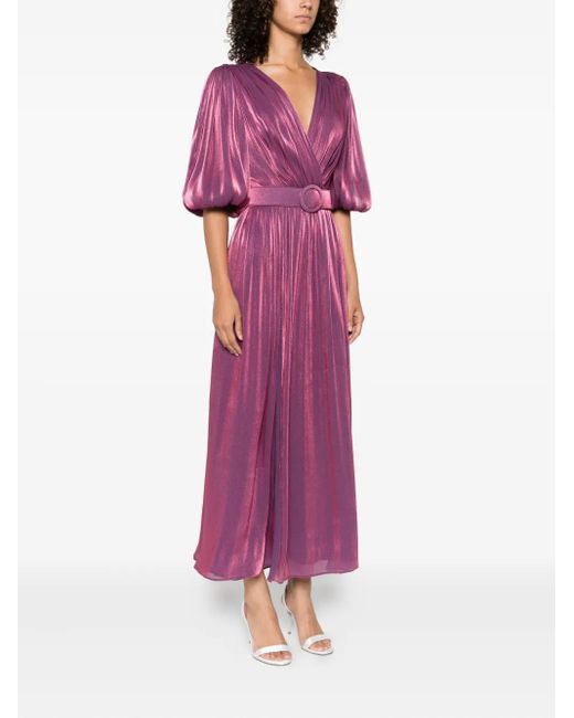 Costarellos Purple Mira Pleated Belted Midi Dress