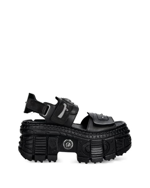 New Rock Black Stud-Embellished Platform Sandals
