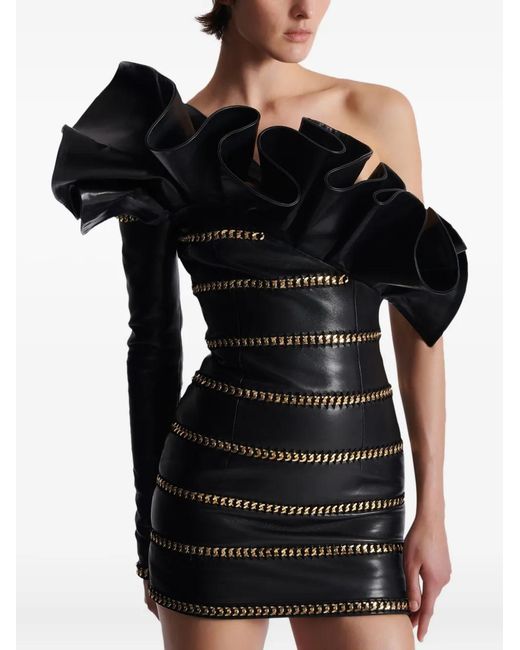 Balmain Black Asymmetric Leather Mini Dress