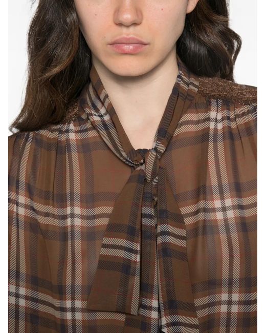 ERMANNO FIRENZE Brown Check-Pattern Pussy-Bow Shirt