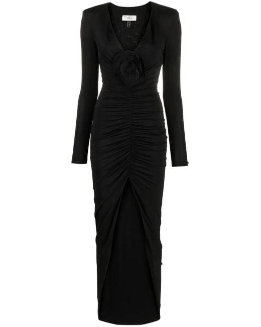 Robe Longue Froncée À Fleur Appliquée Nissa en coloris Black