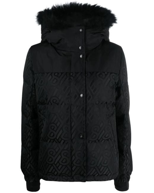 Yves Salomon Black Monogram-Pattern Hooded Down Jacket