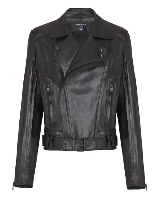 Balmain Black Belted Leather Biker Jacket for men