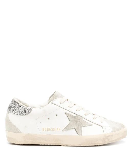 Golden Goose Deluxe Brand White Super-Star Trainers With Star And Glitter Heels Tab