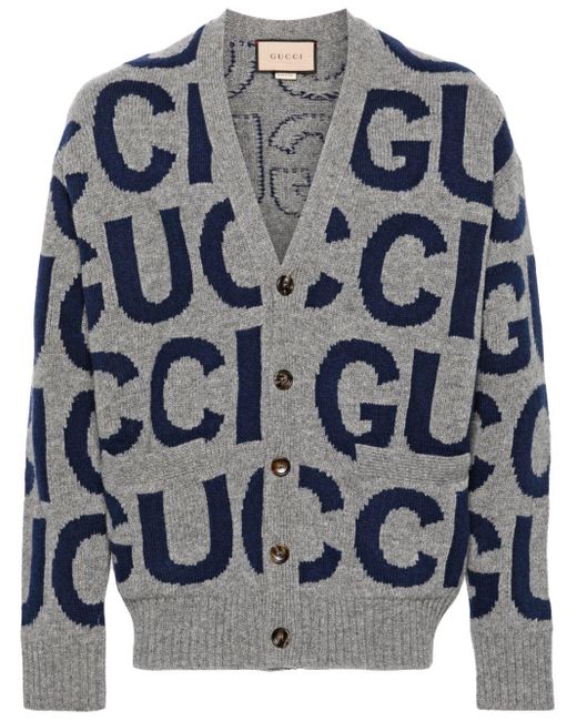 Cardigan en laine à logo intarsia Gucci pour homme en coloris Blue