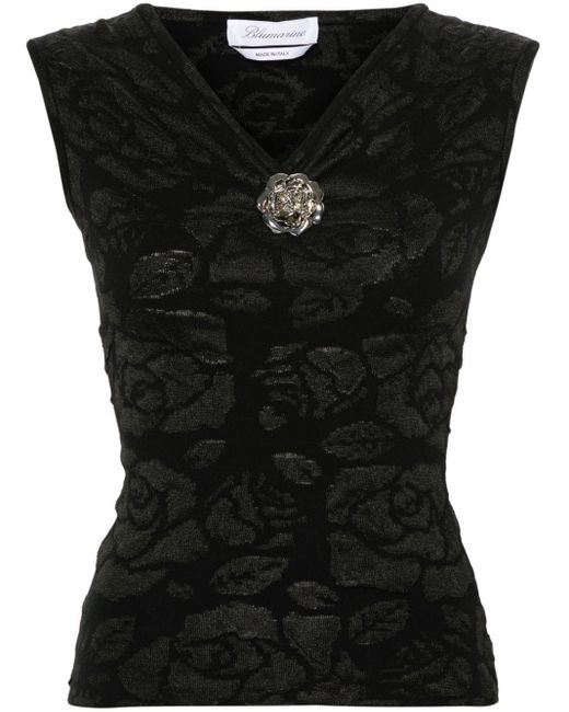 Blumarine Black Floral-jacquard Knitted Top
