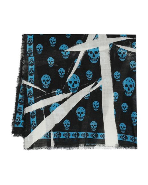 Alexander McQueen Blue Slashed Skull-print Wool Scarf