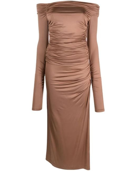 Helmut Lang Brown Off-Shoulder Draped Maxi Dress