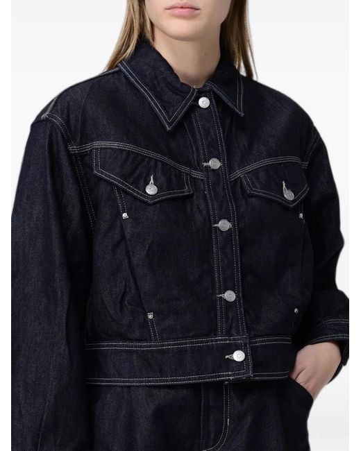Boss Blue Contrast-Stitch Cropped Denim Jacket