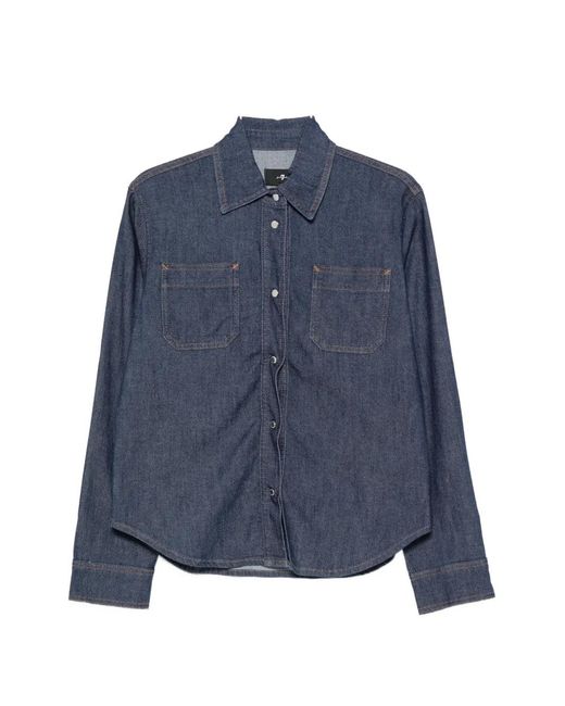 7 For All Mankind Blue Utility Classic Patch-Pocket Denim Shirt