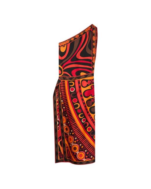 Emilio Pucci Red Marmo And Soleil Prints Asymmetrical Silk Dress